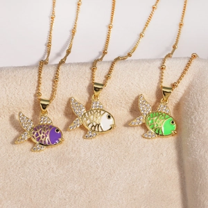 Three goldfish enamel pendant necklaces in gold beaded chains with colorful crystals