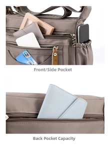 Macro view of khaki nylon crossbody bag showing multiple zip pockets and large capacity