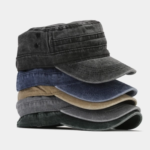 Vintage washed cotton flat top military hats in five colors with breathable eyelets