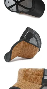 Detailoverzicht van zwarte mesh baseballcap met geweven stro-textuur op de klep
