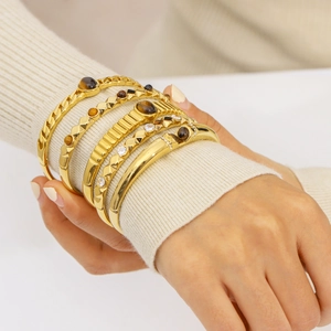 18K Gold Plated Stainless Steel Bangle Bracelet With Natural Tiger Eye Stone Artificial Pearl And Zircon For Women Vintage Jewelry