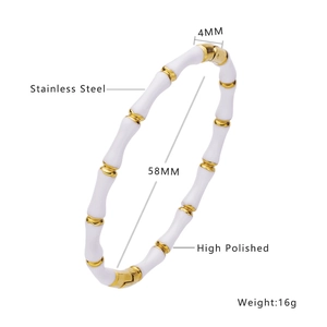 Bamboo-style gold stainless steel bangle with white enamel inlay for women
