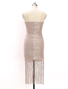 Back view of a pink sequin tassel midi dress on a mannequin with elegant fringe details