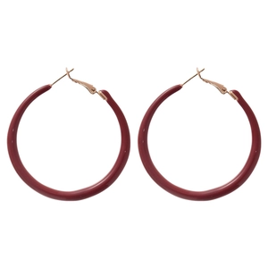 Elegant burgundy red hoop earrings with smooth resin finish and rose gold metal hooks