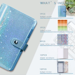 Blue glitter A6 budget binder set includes 12 zipper envelopes and labels for cash savings