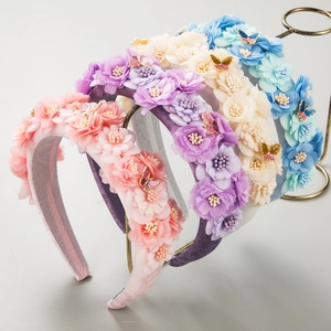 Baroque Alloy Fabric Flower Headband with Butterfly Rhinestone Korean Style Fashion Hair Accessories for Women Wedding Party Jewelry
