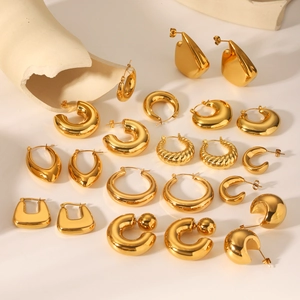 Detailed close-up of various 18K gold-plated geometric stainless steel hoop earrings