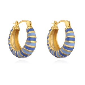 Rainbow enamel hoop earrings with blue stripes and gold finish on a white background