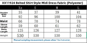 Tableau des tailles de la robe mi-longue avec ceinture et mesures des épaules