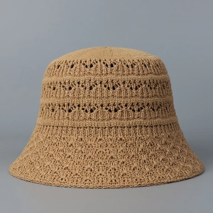 Women's Knitted Crochet Bucket Hat Hollow Out Sun Protection Foldable Wide Brim Cotton Blend Fisherman Hat Japanese Style