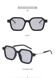 Front and 45-degree side views of black, white and gray square frame sunglasses