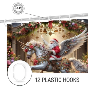 Close-up of Christmas shower curtain featuring metal grommets and 12 plastic hooks