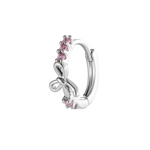 Silver hoop earrings with pink zircons and delicate bow design for women and girls