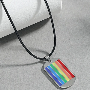 Collier plaque militaire en acier inoxydable avec rayures arc-en-ciel en résine