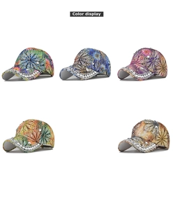 Detailed color display of rhinestone baseball caps with floral prints in five colorways