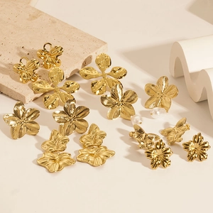 Vintage Geometric Earrings Stainless Steel 18K Gold Plated Hammered Texture Heart Flower Butterfly Fashion Jewelry Women