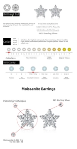 Detailed specs of snowflake moissanite earrings in S925 sterling silver with D color stones