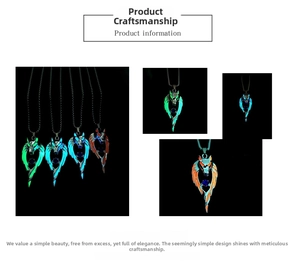 Detailed view of luminous wolf head pendants glowing in green, blue, and orange colors