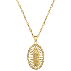Golden oval Virgin Mary pendant necklace with sparkling rhinestones and titanium chain