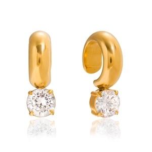 Classic 18K gold plated stainless steel C-shape clip-on earrings with white zircon stones