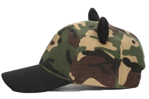 Side view of camouflage baseball cap with 3D horn ears and black brim details
