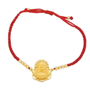 Red braided rope bracelet with yellow Laughing Buddha pendant and sparkling crystals