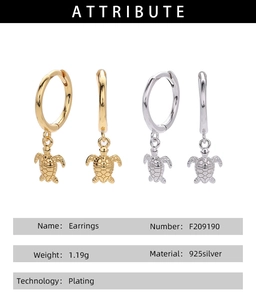 Detailed view of turtle-shaped 925 sterling silver drop earrings with weight and size specs