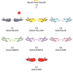 Detailed grid showing seven colorful rimless flame-shaped sunglasses with gold frames