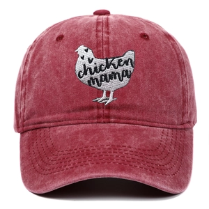 Burgundy washed cotton baseball cap with chicken mama embroidery on white background