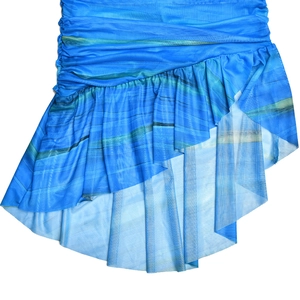 Detail of blue gradient mesh skirt featuring pleated waist and irregular hemline