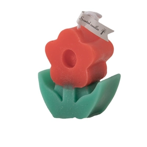 Cute red flower scented candle with green leaf base and Scented Candles tag