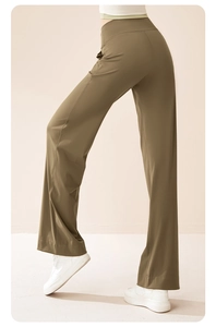 Detail of high waist olive green yoga wide leg pants with seamless side pockets