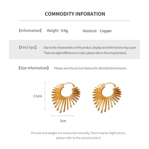 Detailed view of gold copper hoop earrings showing 9.9g weight and 3.5cm height dimensions