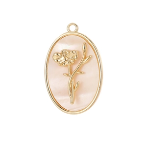 Oval gold-framed shell pendant with 3D floral accent for DIY jewelry making