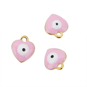 Close-up of three pink enamel heart charms with evil eye detail in gold finish