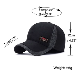Detailed dimensions of fleece winter baseball cap with ear flaps and FASHION metal label