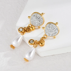 Elegant gold teardrop earrings with white pearls and sparkling rhinestone studs