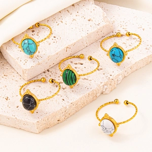 Stainless Steel Open Ring For Women Men Geometric Artificial Stone Inlay Adjustable Vintage Turquoise Pattern Finger Ring