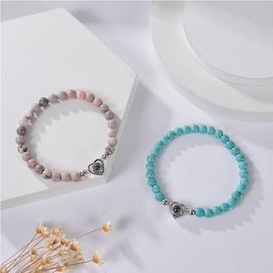 Pink zebra stone beaded bracelets with heart pendant and 100 languages projection