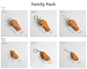 Detailed comparison of realistic PVC fried chicken leg and wing keychains with sizing