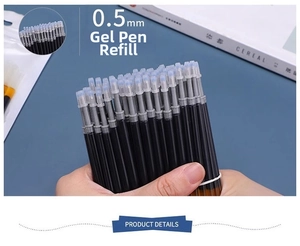 Detail of 0.5mm black gel pen refills bundle shown on a blue background
