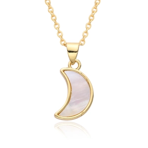 Elegant gold crescent moon necklace with iridescent white shell inlay on a white background