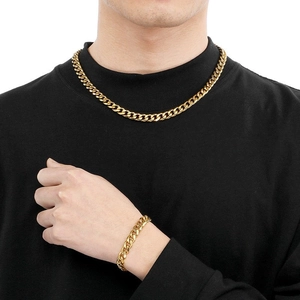 Polished gold stainless steel Cuban chain necklace and bracelet jewelry set for women