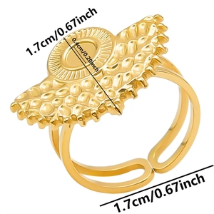 Detailed size specifications for a gold sunburst pattern stainless steel open ring