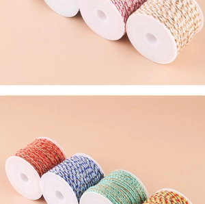 Selection of colorful metallic braided cotton cords on white spools for DIY crafting