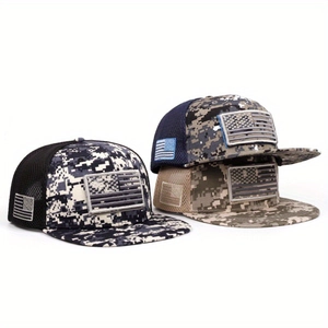 Detail view of camouflage trucker caps with American flag patches and mesh panels