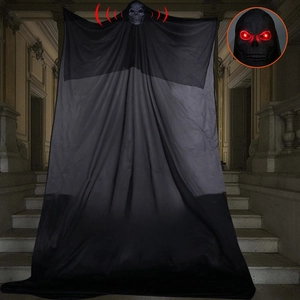 Scary hanging ghost with glowing red eyes and black gauze for Halloween decor