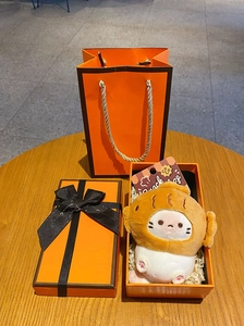 Detail of plush cat charm in an orange luxury gift box with ribbon and matching gift bag