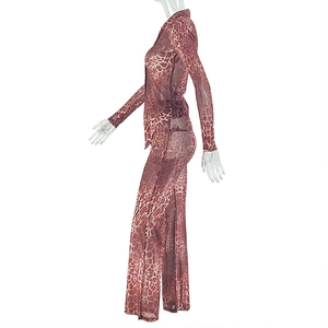 Détail de l'ensemble deux pièces imprimé léopard rouge-brun avec maille transparente et boutons