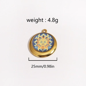 Detail of 25mm gold celestial sun face pendant with blue enamel and weight specifications